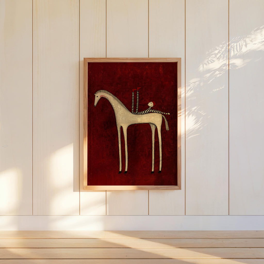 Abstract Horse Set of 3 Wall Art, Surreal Vintage Equestrian Print Triptych, Red Blue Green Minimalist Folk Figure, Dark Circus Poster Panel