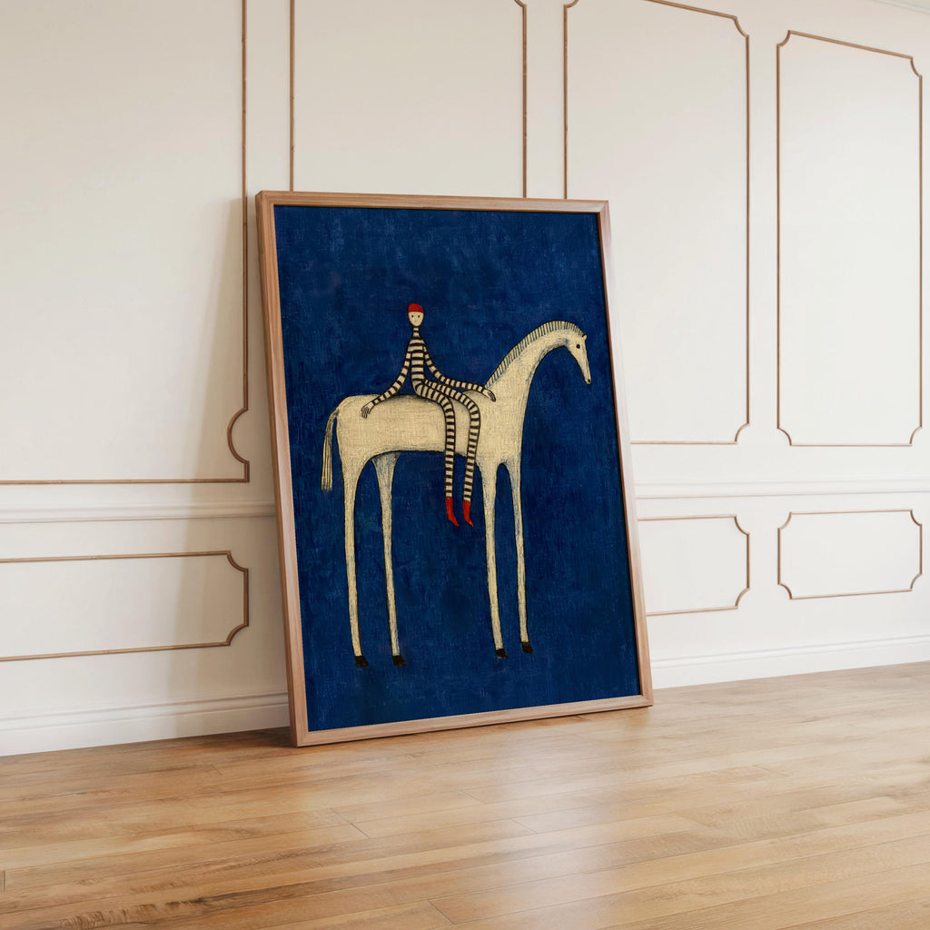 Abstract Horse Set of 3 Wall Art, Surreal Vintage Equestrian Print Triptych, Red Blue Green Minimalist Folk Figure, Dark Circus Poster Panel