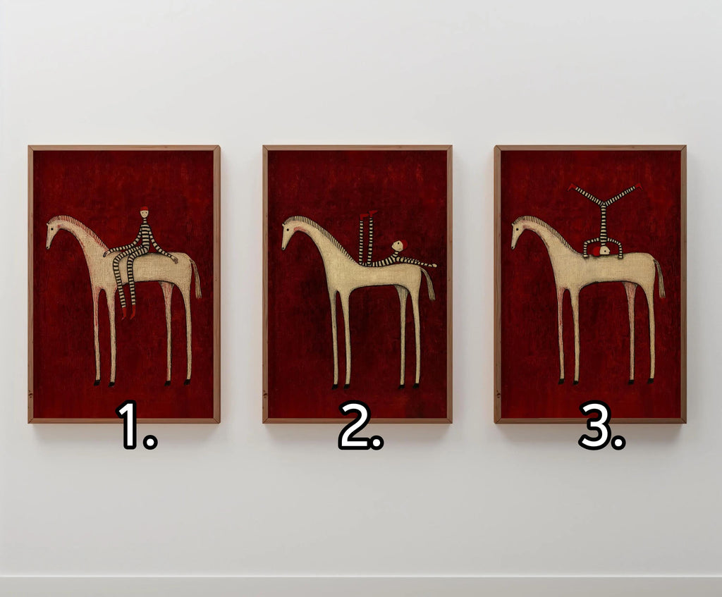 Abstract Horse Set of 3 Wall Art, Surreal Vintage Equestrian Print Triptych, Red Blue Green Minimalist Folk Figure, Dark Circus Poster Panel