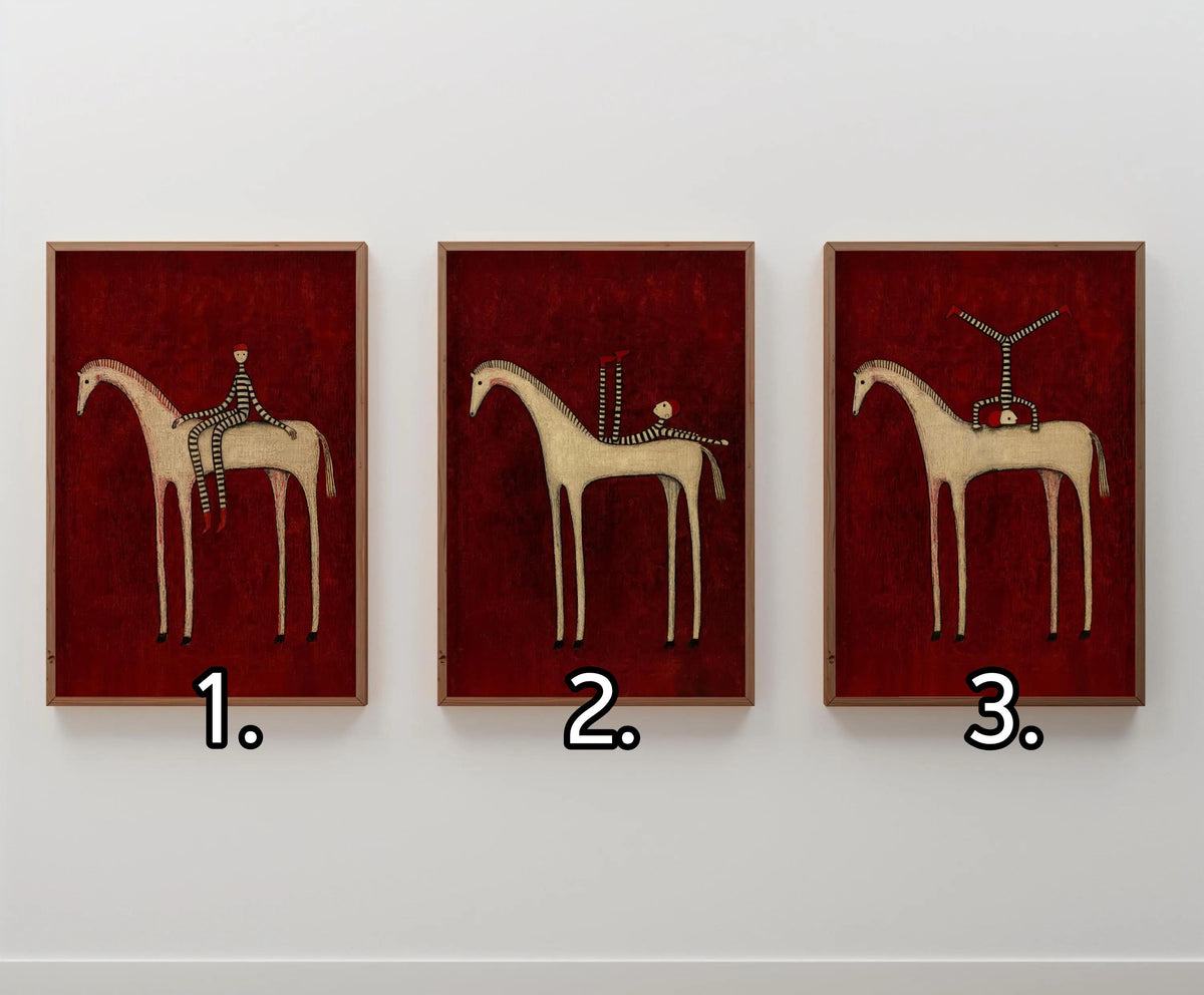 Abstract Horse Set of 3 Wall Art, Surreal Vintage Equestrian Print Triptych, Red Blue Green Minimalist Folk Figure, Dark Circus Poster Panel
