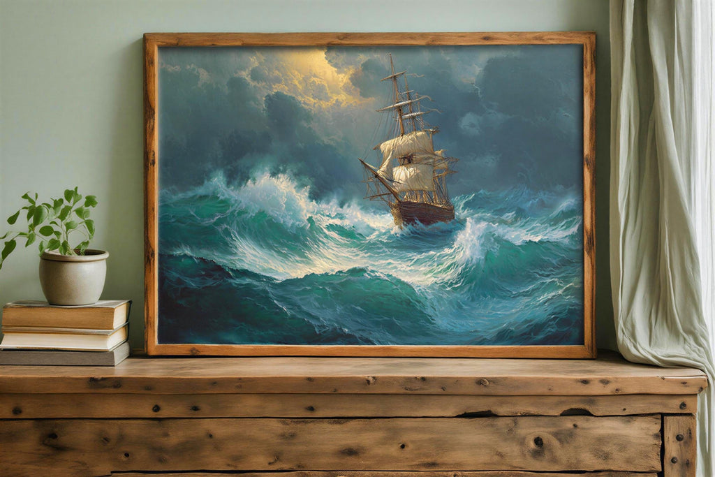 Stormy Sea Ship Painting, Dramatic Nautical Print, Vintage Maritime Adventure Poster, Wild Ocean Wave Canvas, Classic Tall Ship Wall Decor