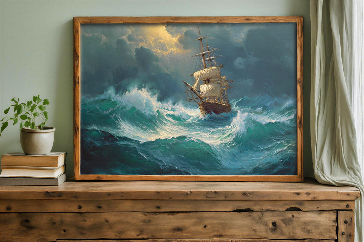 Stormy Sea Ship Painting, Dramatic Nautical Print, Vintage Maritime Adventure Poster, Wild Ocean Wave Canvas, Classic Tall Ship Wall Decor