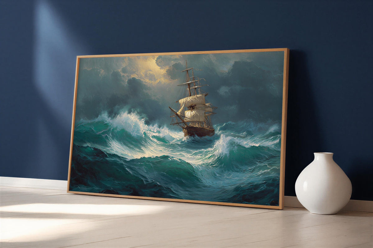 Stormy Sea Ship Painting, Dramatic Nautical Print, Vintage Maritime Adventure Poster, Wild Ocean Wave Canvas, Classic Tall Ship Wall Decor