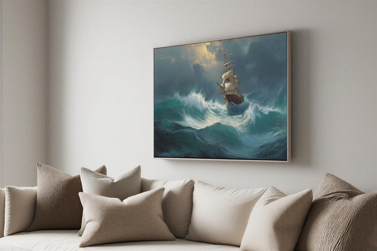 Stormy Sea Ship Painting, Dramatic Nautical Print, Vintage Maritime Adventure Poster, Wild Ocean Wave Canvas, Classic Tall Ship Wall Decor