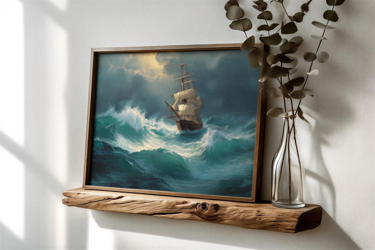 Stormy Sea Ship Painting, Dramatic Nautical Print, Vintage Maritime Adventure Poster, Wild Ocean Wave Canvas, Classic Tall Ship Wall Decor