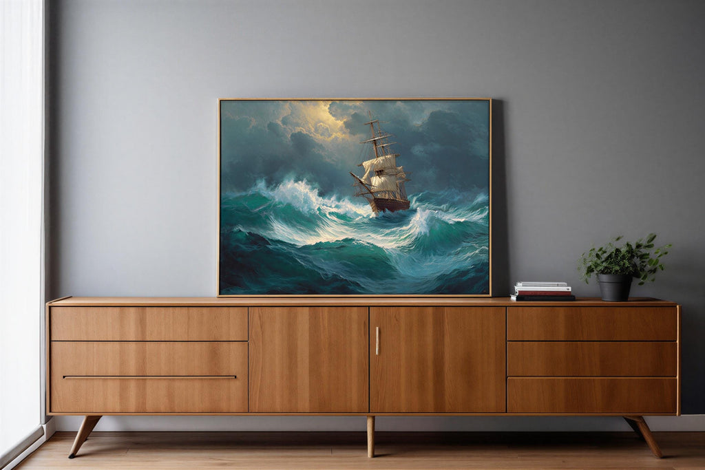 Stormy Sea Ship Painting, Dramatic Nautical Print, Vintage Maritime Adventure Poster, Wild Ocean Wave Canvas, Classic Tall Ship Wall Decor