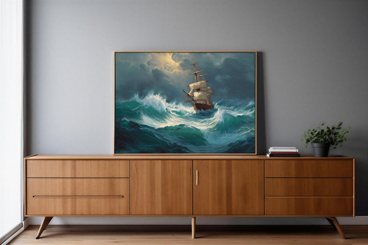 Stormy Sea Ship Painting, Dramatic Nautical Print, Vintage Maritime Adventure Poster, Wild Ocean Wave Canvas, Classic Tall Ship Wall Decor