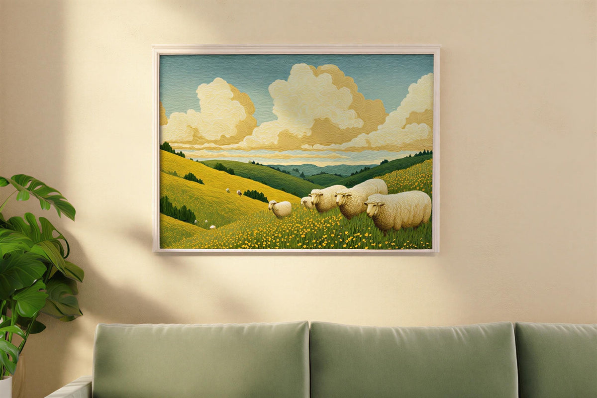 Sheep Landscape Wall Art hung above sage sofa, cozy farmhouse wall decor with potted plant
