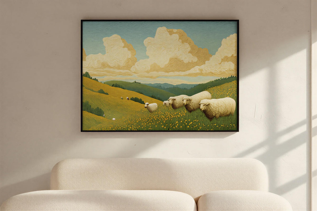 Sunlit living room wall, Sheep Landscape Wall Art above neutral sofa, warm pastoral landscape