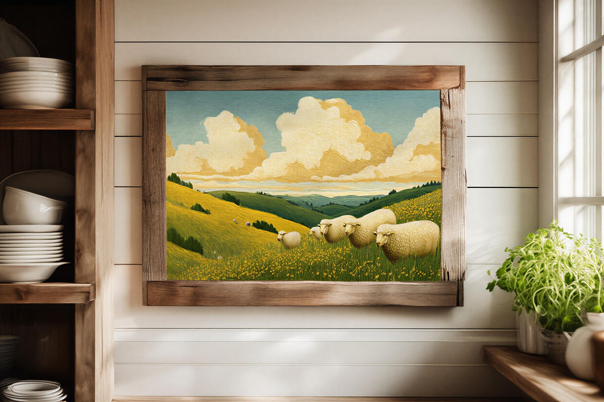 Rustic shelf display with framed Sheep Landscape Wall Art, wooden frame, rolling hills scene