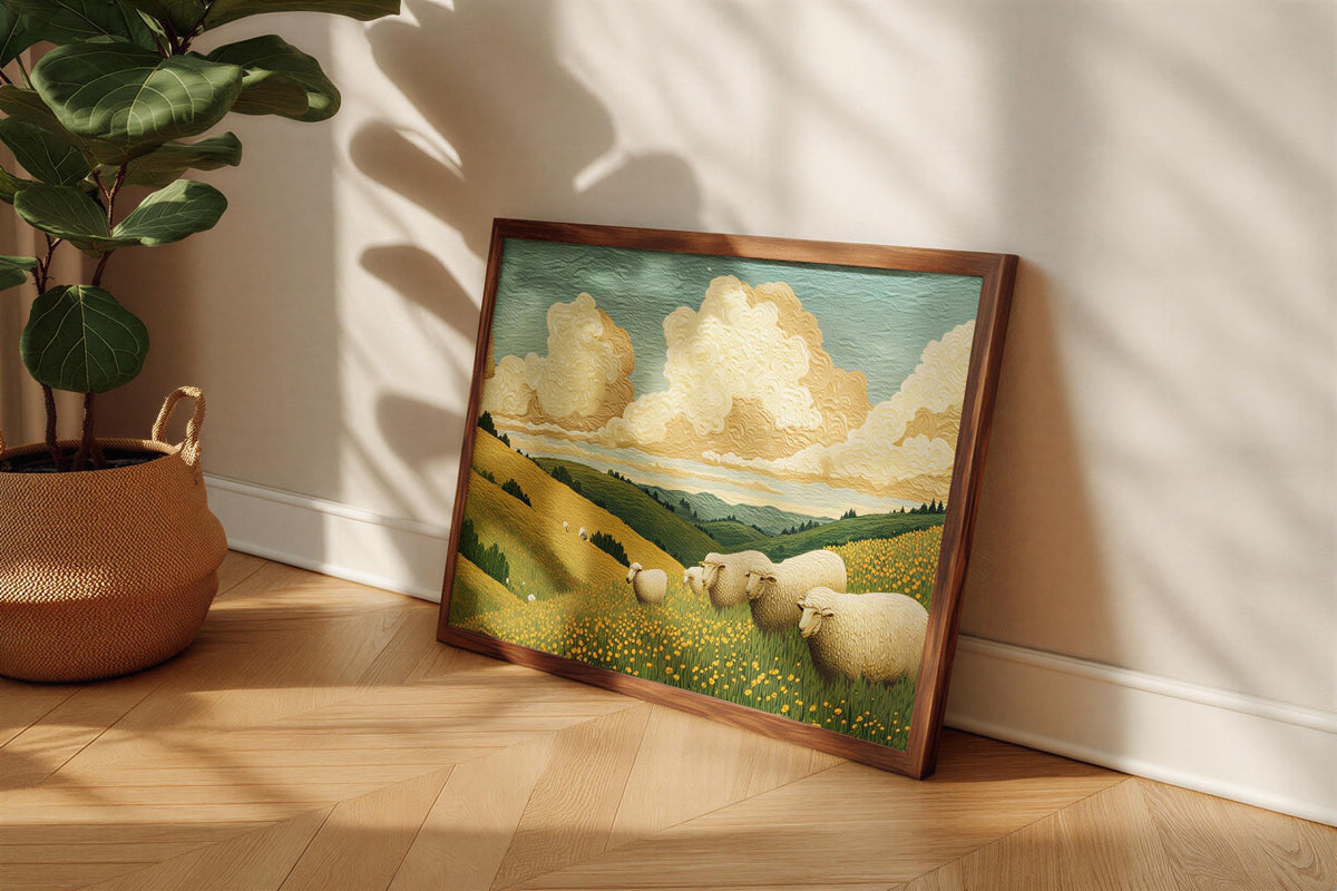 Casual leaning Sheep Art Print on floor near woven basket and leafy plant, wildflower meadow art