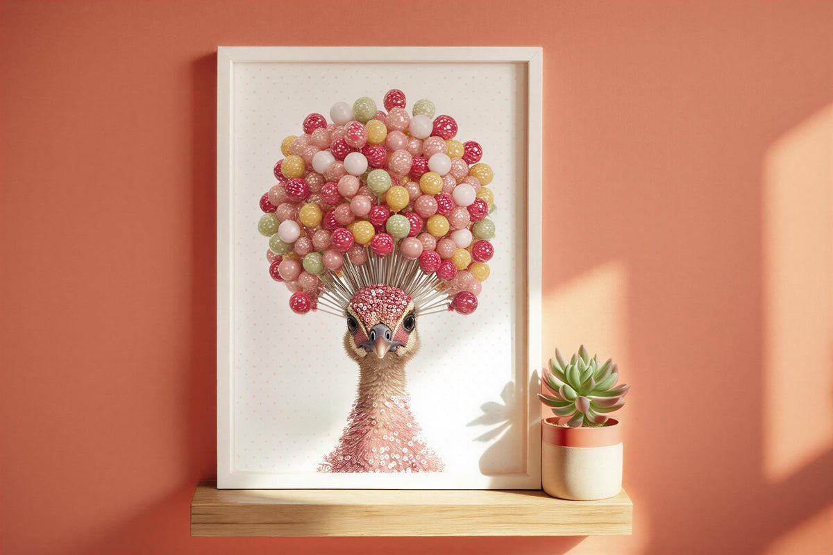 Preppy Peacock Art - Coquette Poster Print, Candy Lollipop Bird Wall Decor, Pink Dorm Room Gift, Physical Print Teenage Girl Bedroom Art