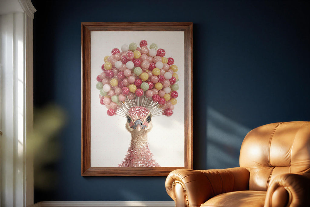 Preppy Peacock Art - Coquette Poster Print, Candy Lollipop Bird Wall Decor, Pink Dorm Room Gift, Physical Print Teenage Girl Bedroom Art