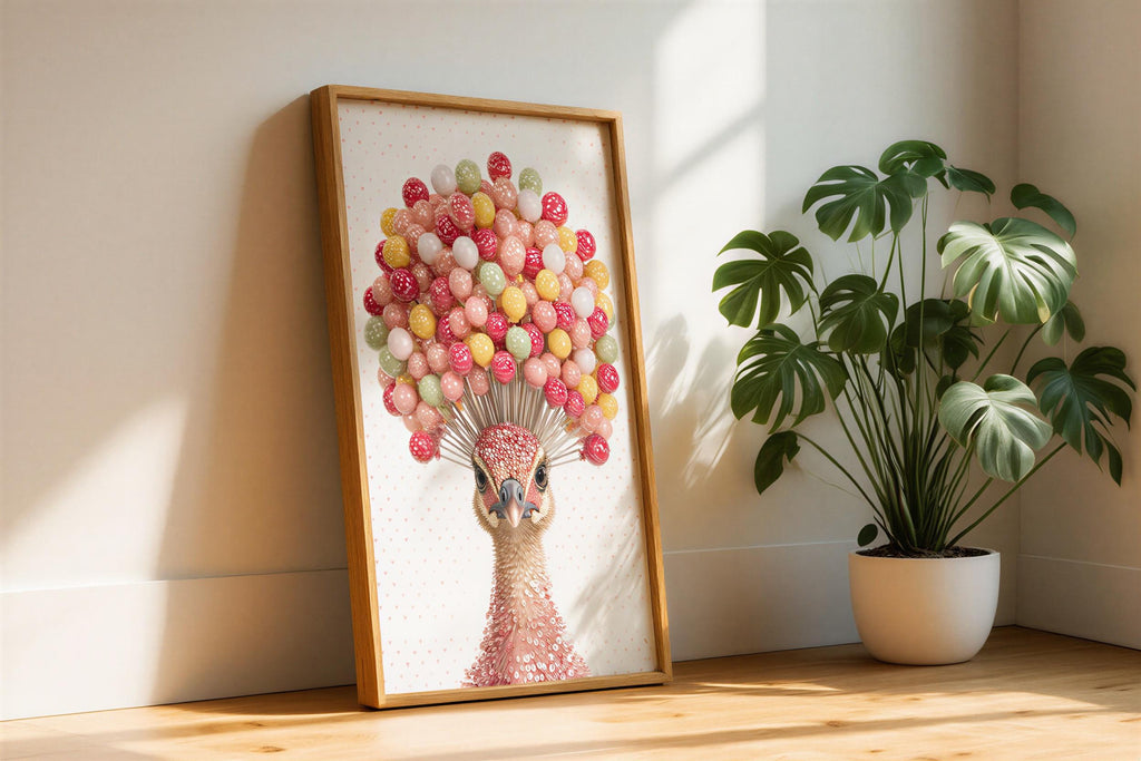 Preppy Peacock Art - Coquette Poster Print, Candy Lollipop Bird Wall Decor, Pink Dorm Room Gift, Physical Print Teenage Girl Bedroom Art