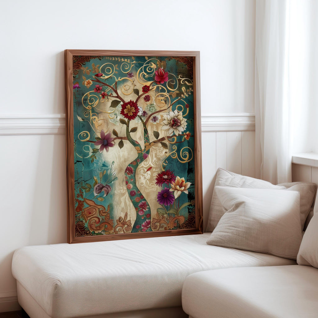 Persian Tree of Life wall art: teal and gold vintage oriental decor botanical print with swirling vines, framed.