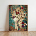 Persian Tree of Life wall art: teal and gold vintage oriental decor botanical print with swirling vines, framed.
