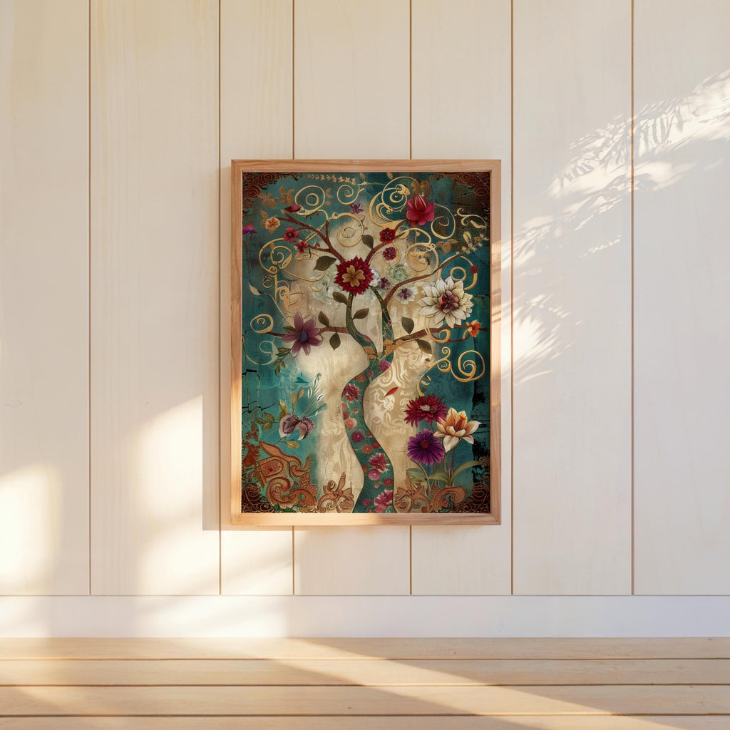 Persian Tree of Life wall art: teal and gold vintage oriental decor botanical print with swirling vines, framed.
