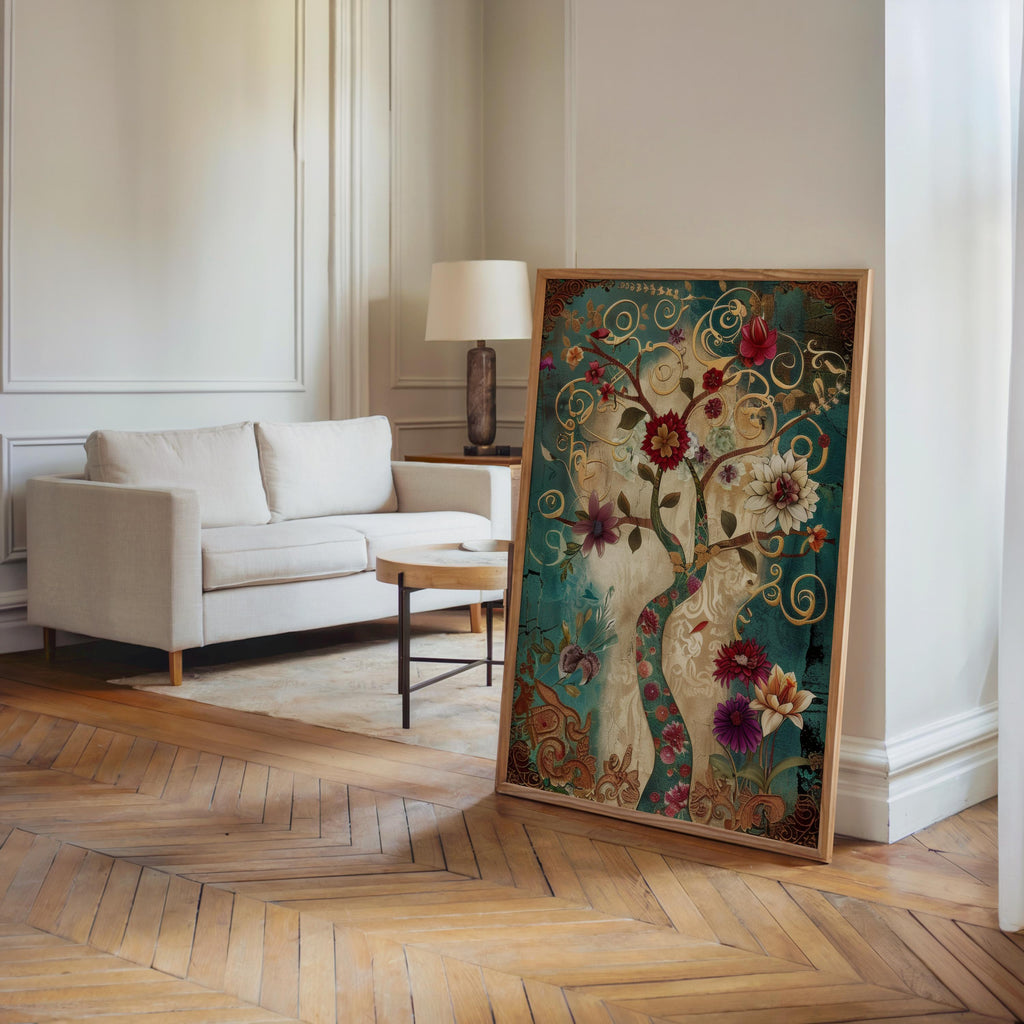 Persian Tree of Life wall art: teal and gold vintage oriental decor botanical print with swirling vines, framed.