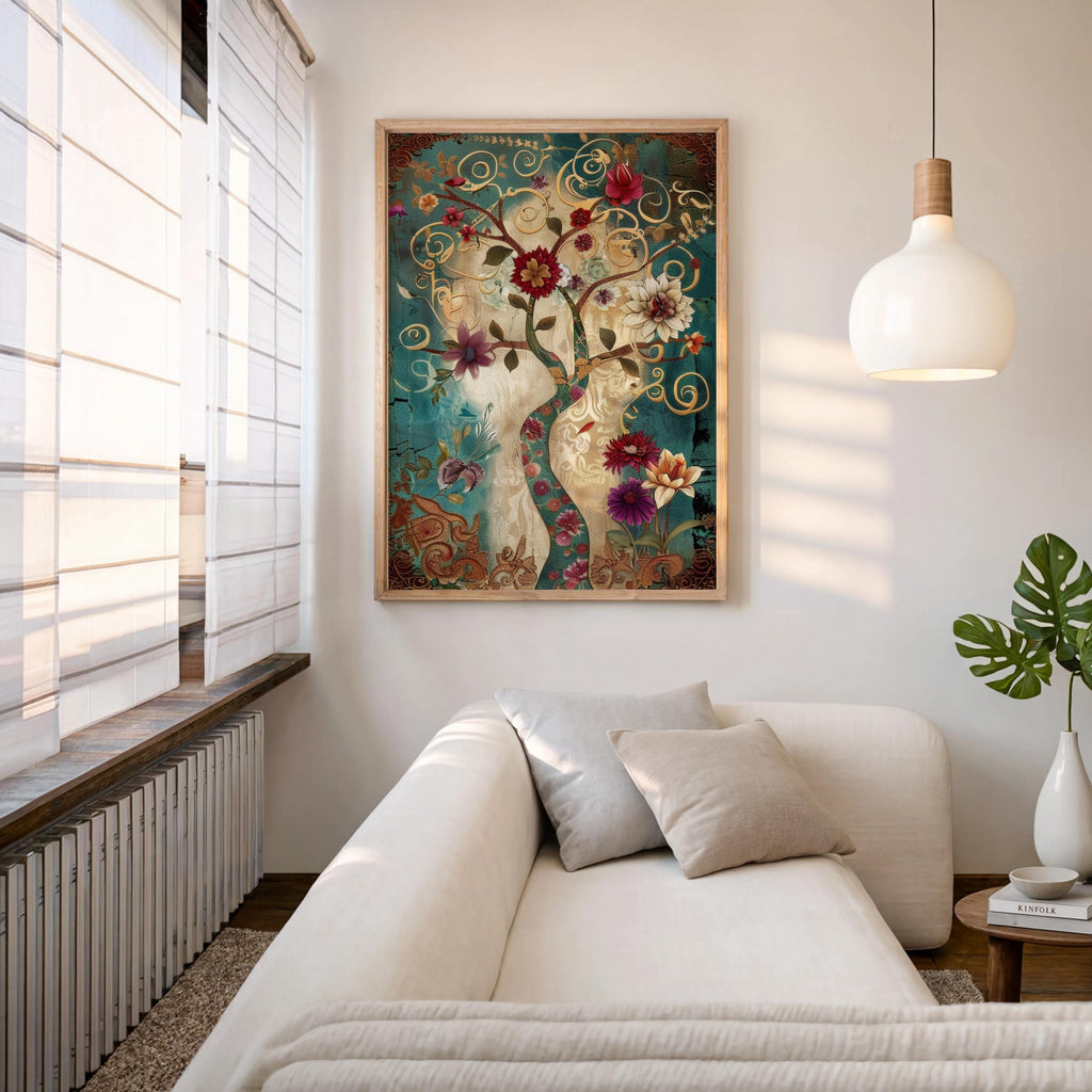 Persian Tree of Life wall art: teal and gold vintage oriental decor botanical print with swirling vines, framed.