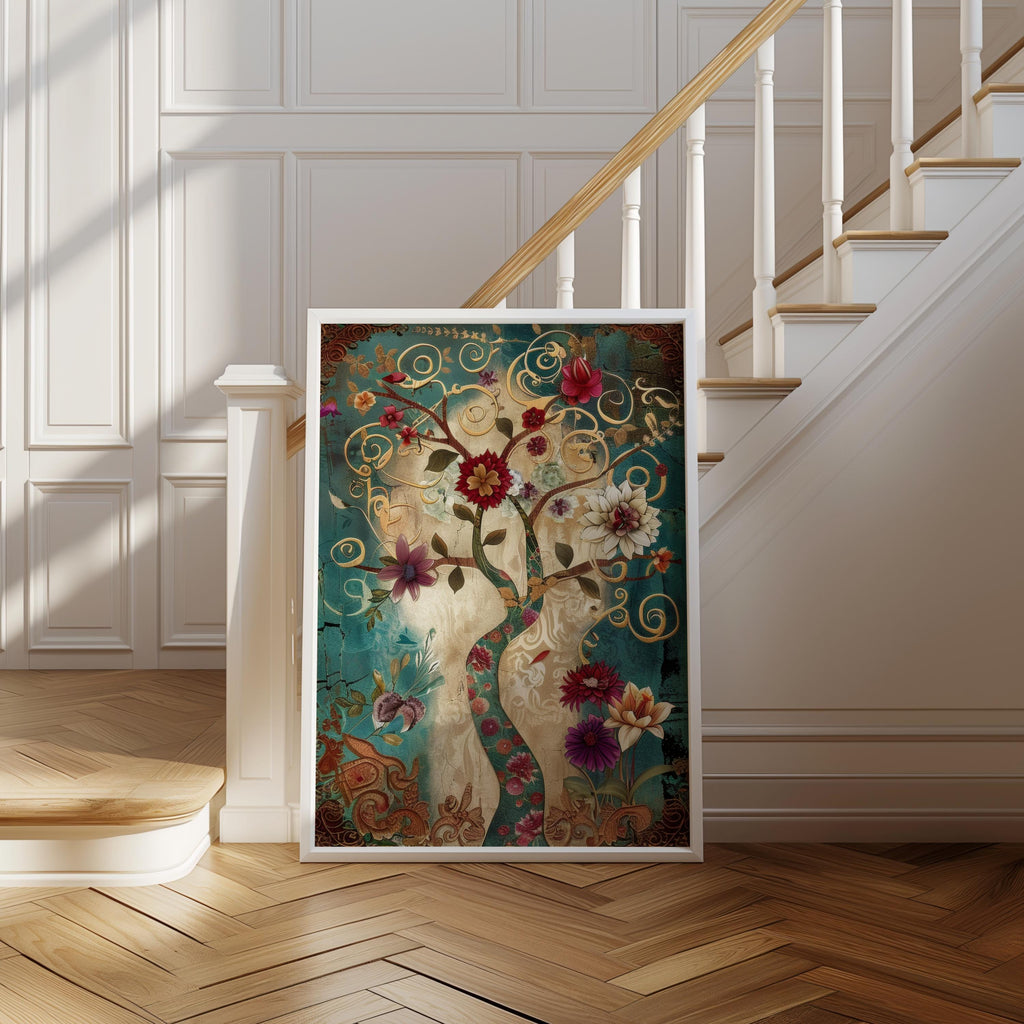Persian Tree of Life wall art: teal and gold vintage oriental decor botanical print with swirling vines, framed.