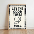 Black and white retro poster with striped border leaning on shelf, funny bathroom wall art, toilet paper bathroom decor