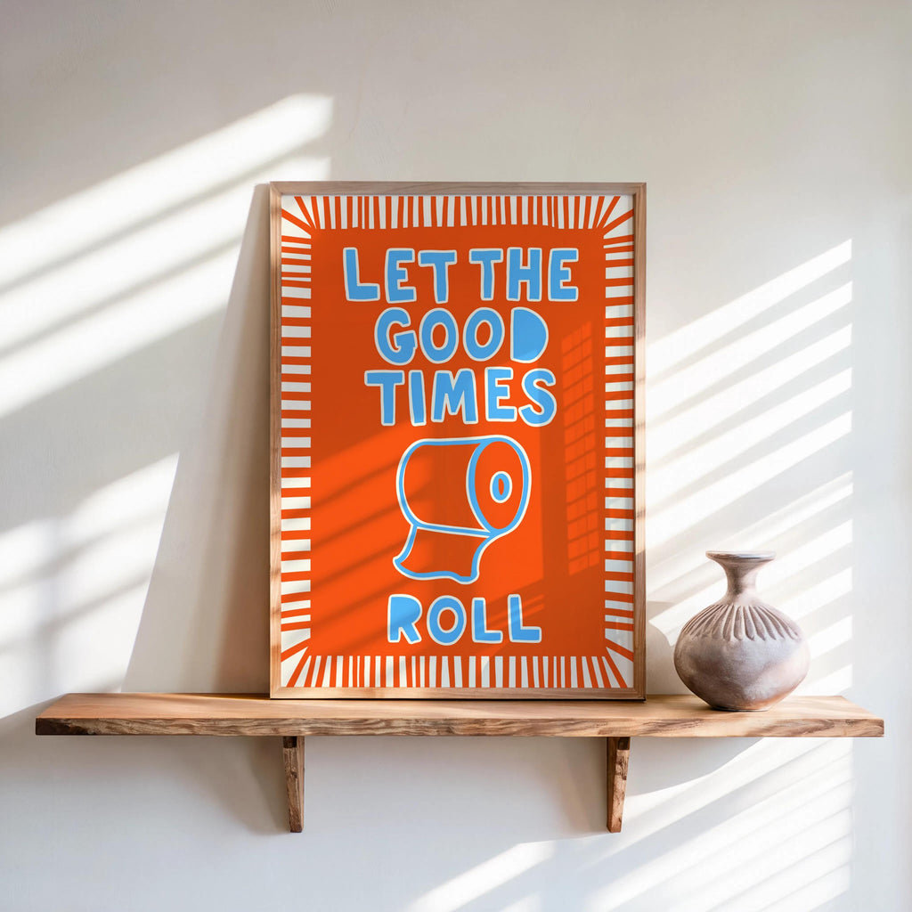 Vibrant orange poster on shelf, hand-drawn toilet paper and striped border, toilet humor wall art with pop-art vibe