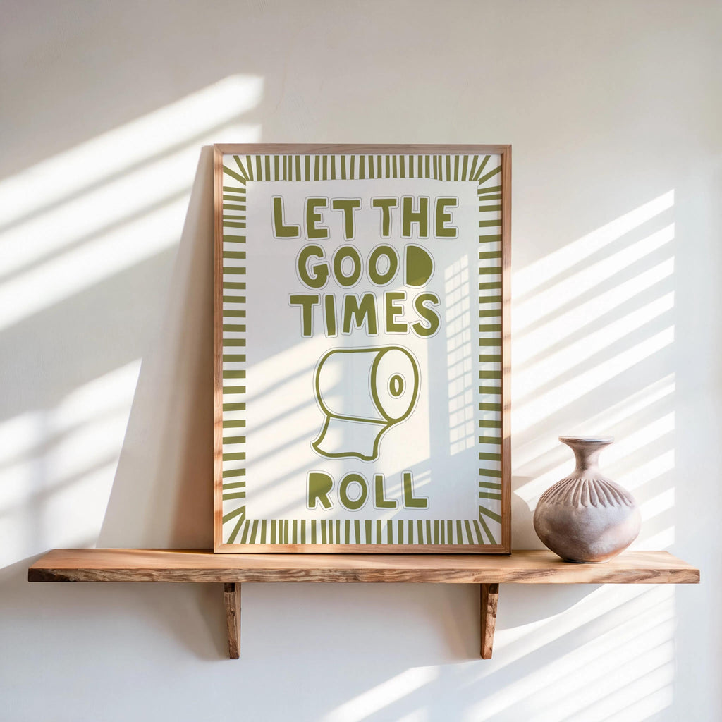 Muted olive poster on shelf with soft shadow, vintage poster aesthetic, restroom wall art and toilet humor wall art