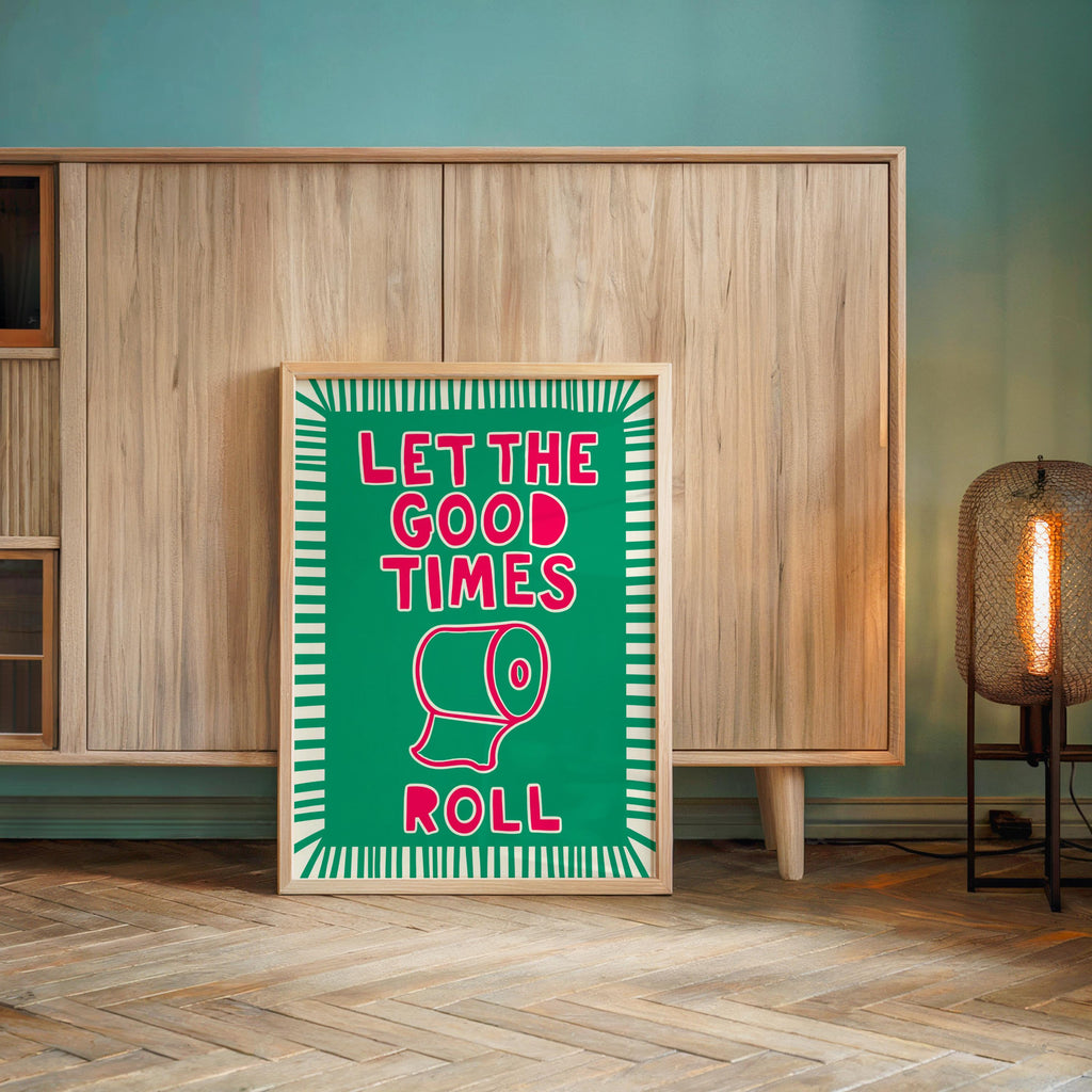 Bright green and pink print on low shelf, eye-catching colorful bathroom print, funny housewarming gift idea