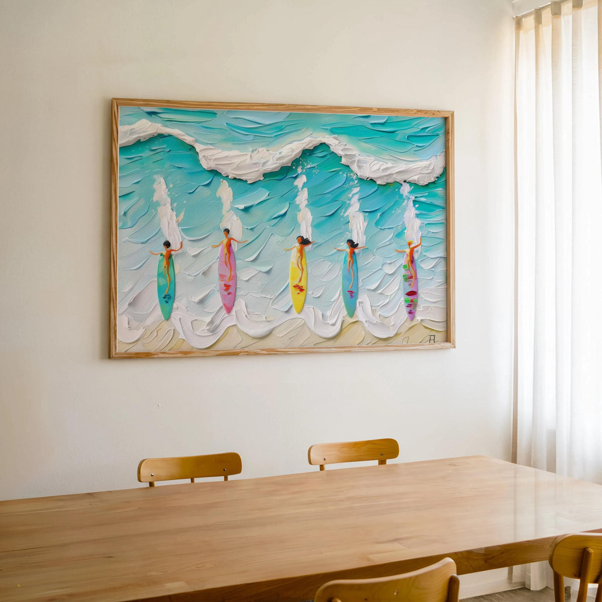 Surfing Women Wall Art, Colorful Surfboard Beach Print, Painterly Ocean Wave Poster, Coastal Home Decor, Surfer Gift, Beach House Art