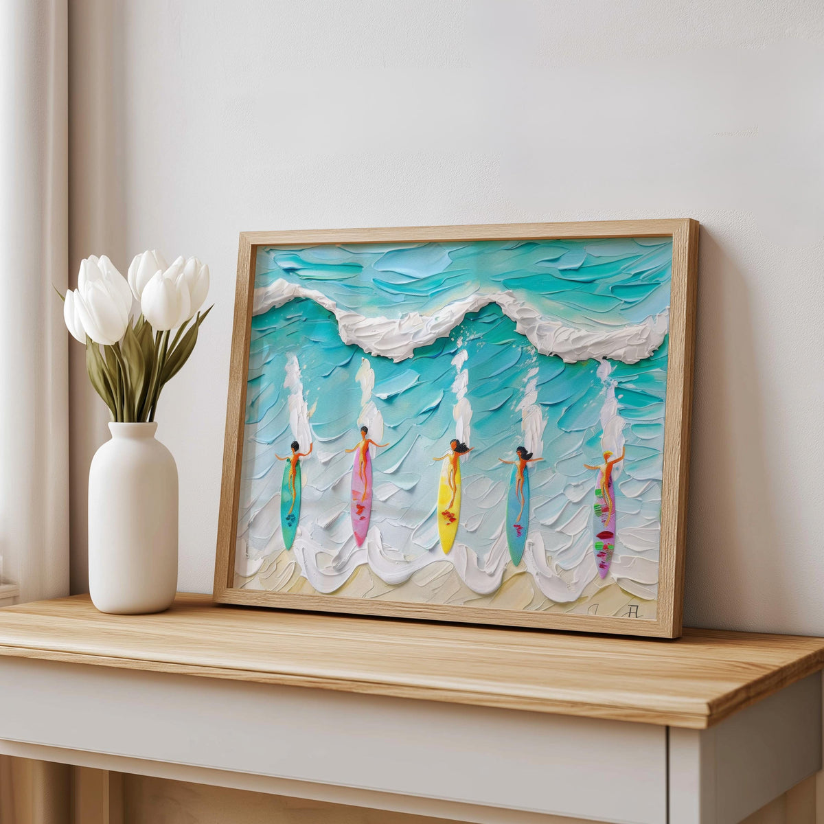 Surfing Women Wall Art, Colorful Surfboard Beach Print, Painterly Ocean Wave Poster, Coastal Home Decor, Surfer Gift, Beach House Art