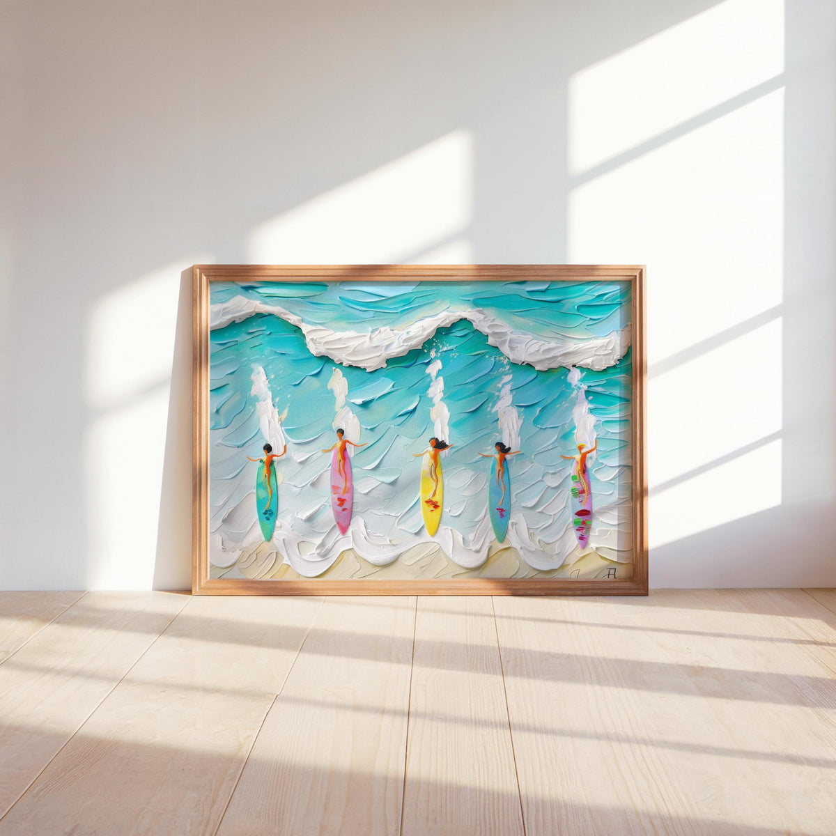 Surfing Women Wall Art, Colorful Surfboard Beach Print, Painterly Ocean Wave Poster, Coastal Home Decor, Surfer Gift, Beach House Art