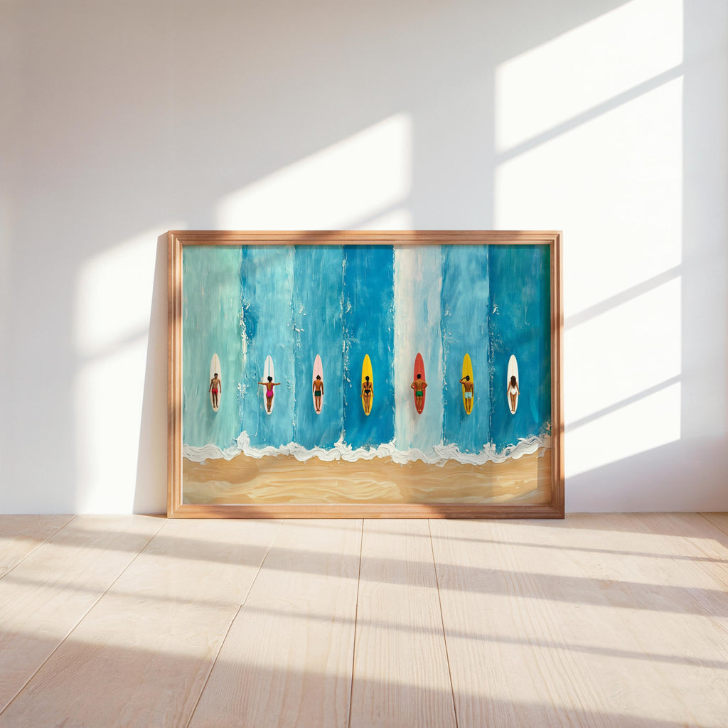 Miniature Surfers Ocean Painting, Tiny Swimmers Print, Beach House Decor, Surfboard Art Print, Minimalist Art, Abstract Summer Poster
