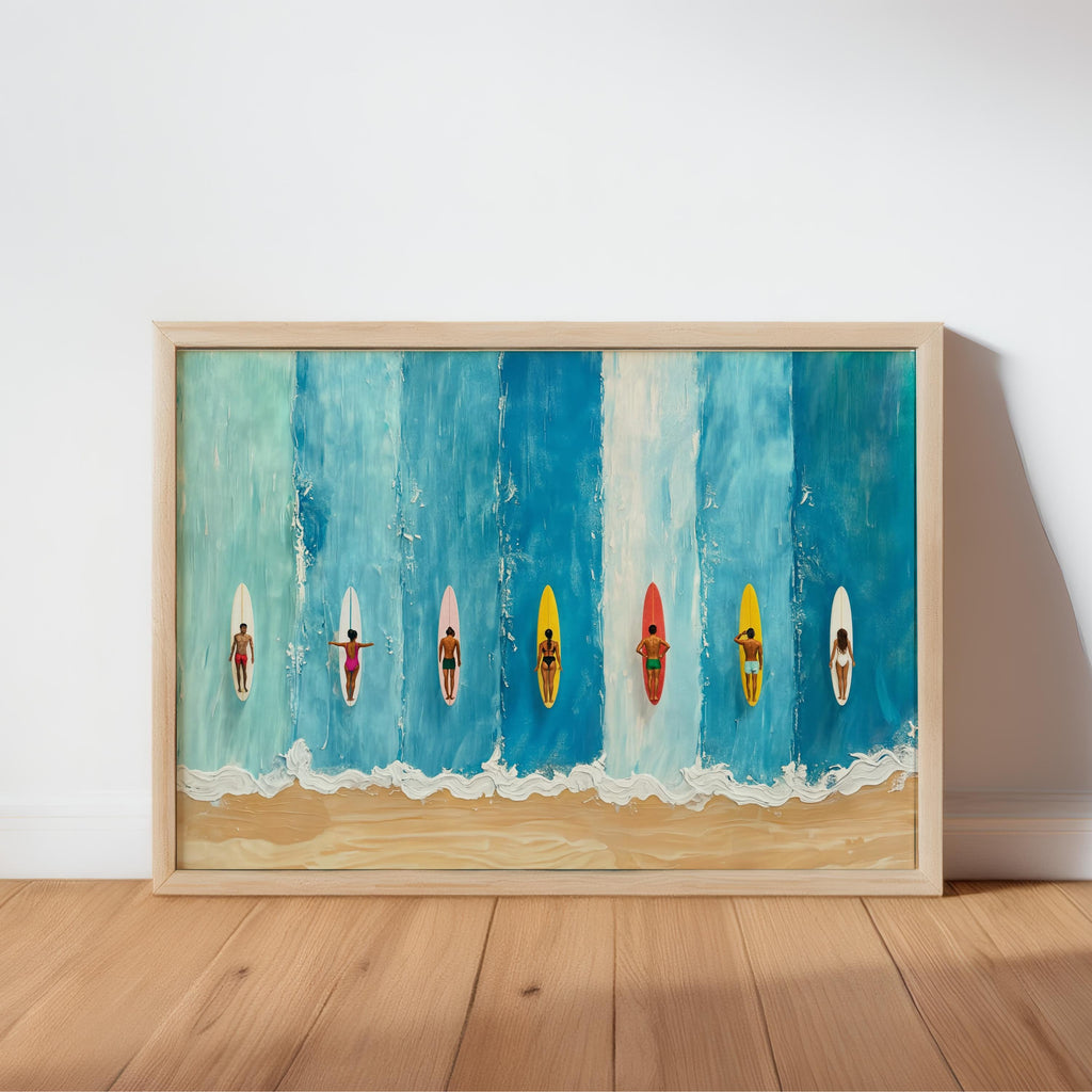 Miniature Surfers Ocean Painting, Tiny Swimmers Print, Beach House Decor, Surfboard Art Print, Minimalist Art, Abstract Summer Poster