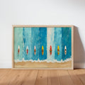 Miniature Surfers Ocean Painting, Tiny Swimmers Print, Beach House Decor, Surfboard Art Print, Minimalist Art, Abstract Summer Poster