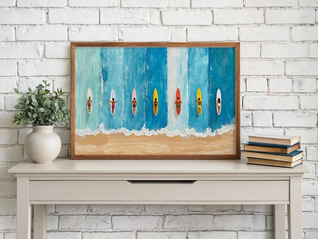Miniature Surfers Ocean Painting, Tiny Swimmers Print, Beach House Decor, Surfboard Art Print, Minimalist Art, Abstract Summer Poster