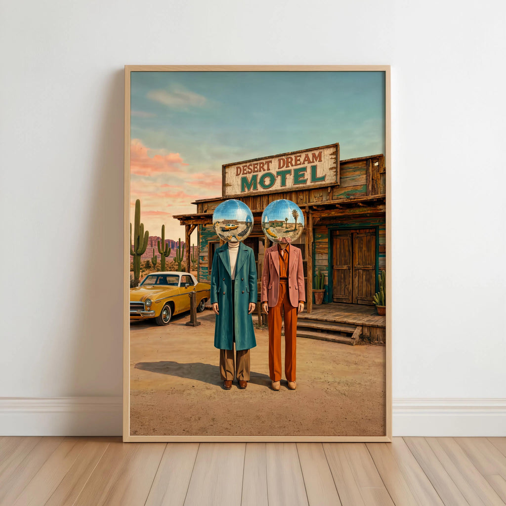 Disco Ball Head Print, Desert Mid Century Surrealism Art, Retro 80s Western Poster, Cowboy Disco Pop Art Decor, Surreal Funky Motel Canvas