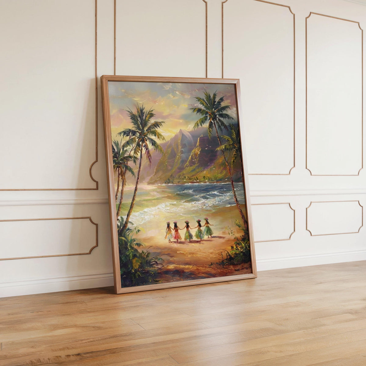 Hawaiian Hula Dancers Painting, 1970s Coastal Wall Art, Retro Hawaii Hibiscus Girls Print, Maui Vacation Gift, Vintage Tropical Beach Poster