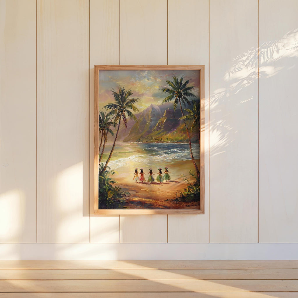 Hawaiian Hula Dancers Painting, 1970s Coastal Wall Art, Retro Hawaii Hibiscus Girls Print, Maui Vacation Gift, Vintage Tropical Beach Poster
