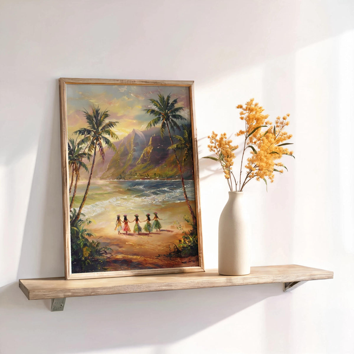 Hawaiian Hula Dancers Painting, 1970s Coastal Wall Art, Retro Hawaii Hibiscus Girls Print, Maui Vacation Gift, Vintage Tropical Beach Poster