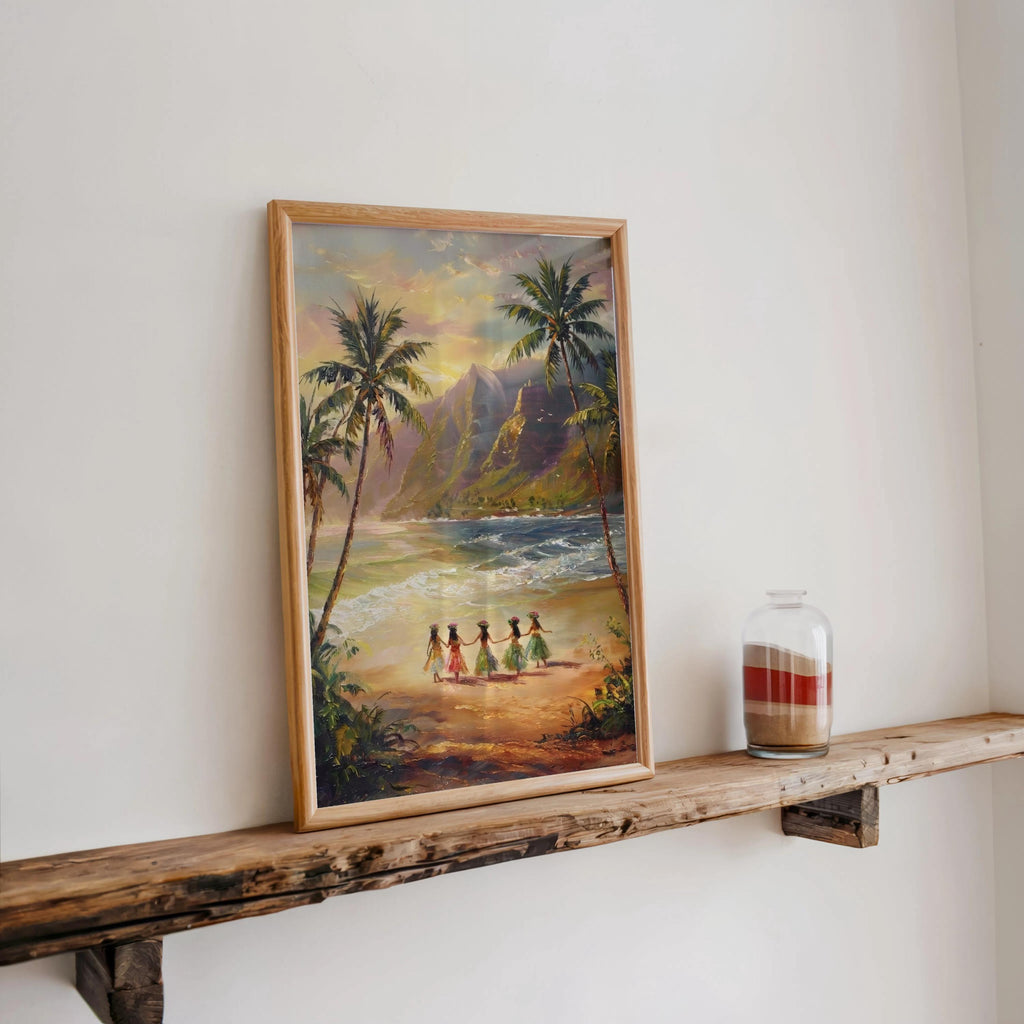 Hawaiian Hula Dancers Painting, 1970s Coastal Wall Art, Retro Hawaii Hibiscus Girls Print, Maui Vacation Gift, Vintage Tropical Beach Poster