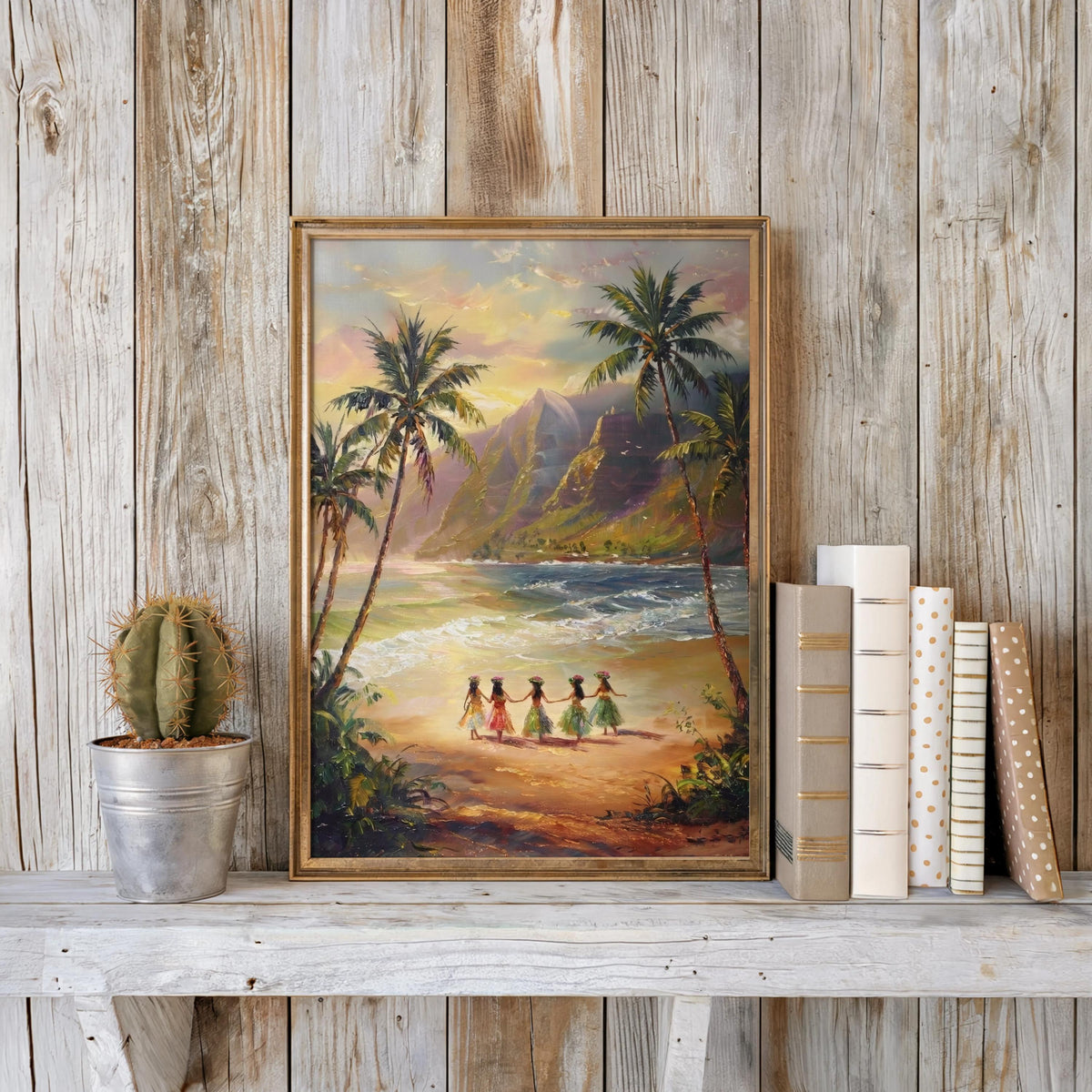 Hawaiian Hula Dancers Painting, 1970s Coastal Wall Art, Retro Hawaii Hibiscus Girls Print, Maui Vacation Gift, Vintage Tropical Beach Poster