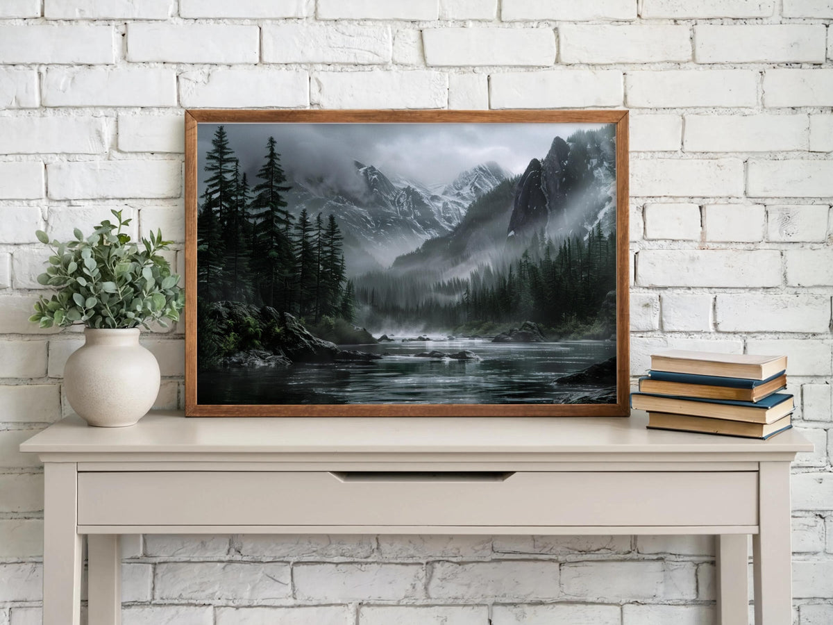 Moody mountain landscape wall art above white brick console, misty forest mountain print in neutral tones