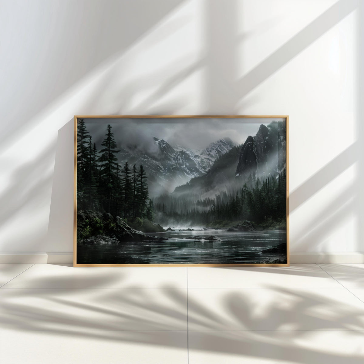 Large mountain canvas print leaning against sunlit wall, moody forest wall art with pine silhouettes