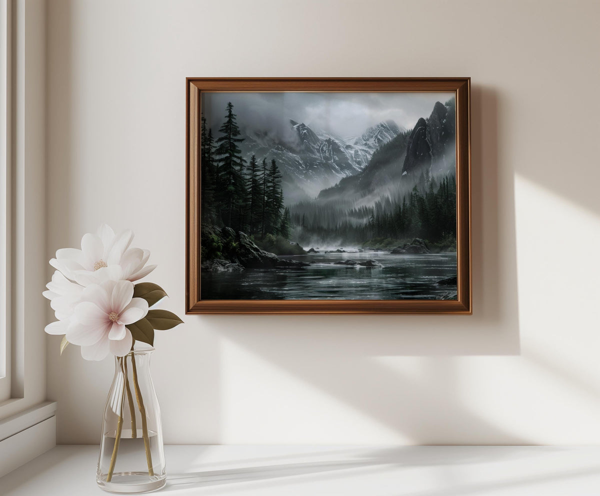 Smaller framed moody mountain landscape wall art beside white vase and flowers, vintage rustic vibes