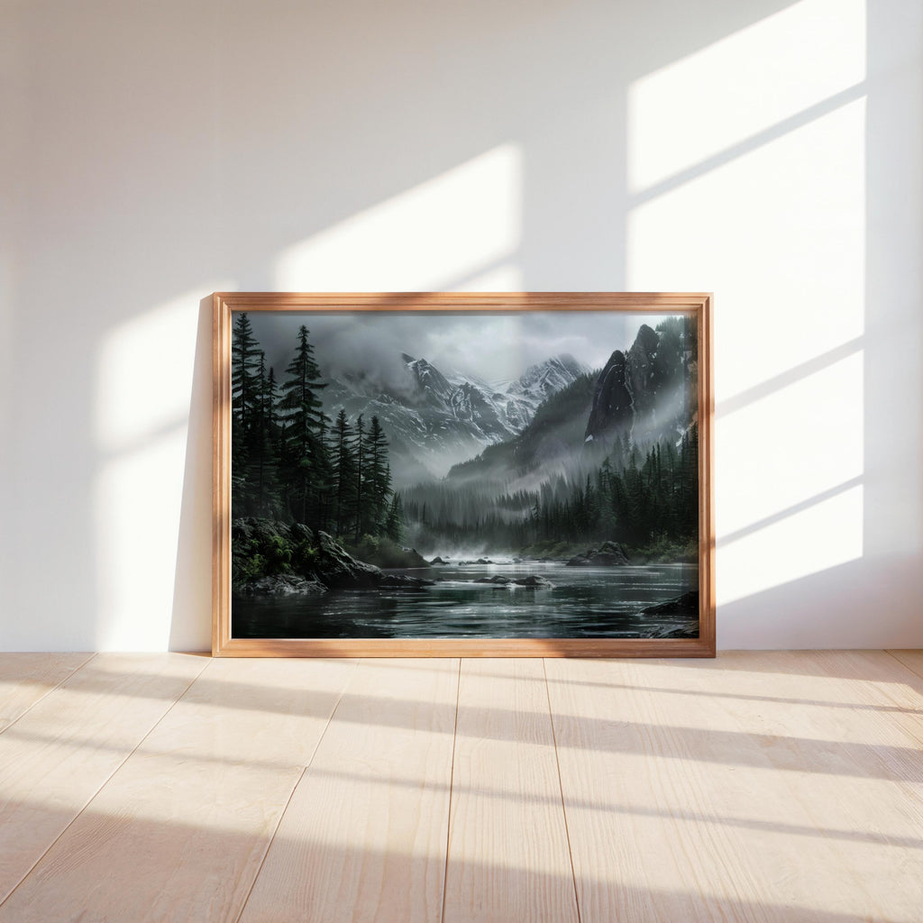 Oak-framed mountain lake wall art leaning by a bright window, foggy wilderness river art, soft whites