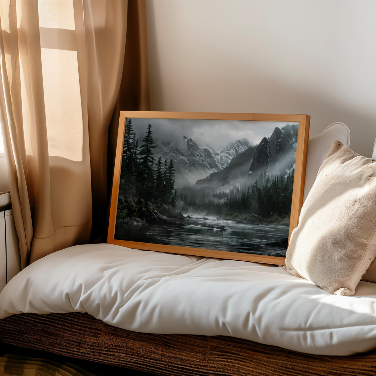 Moody mountain landscape wall art propped on bed with pillows, rustic cabin wall decor, cozy boho bedroom