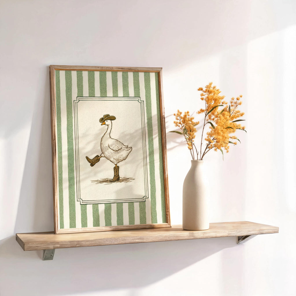 Silly Goose Cowboy Wall Art, Funny Duck Decor, Cute Animal Print, Rustic Western Nursery Poster, Vintage Striped Cottagecore Canvas