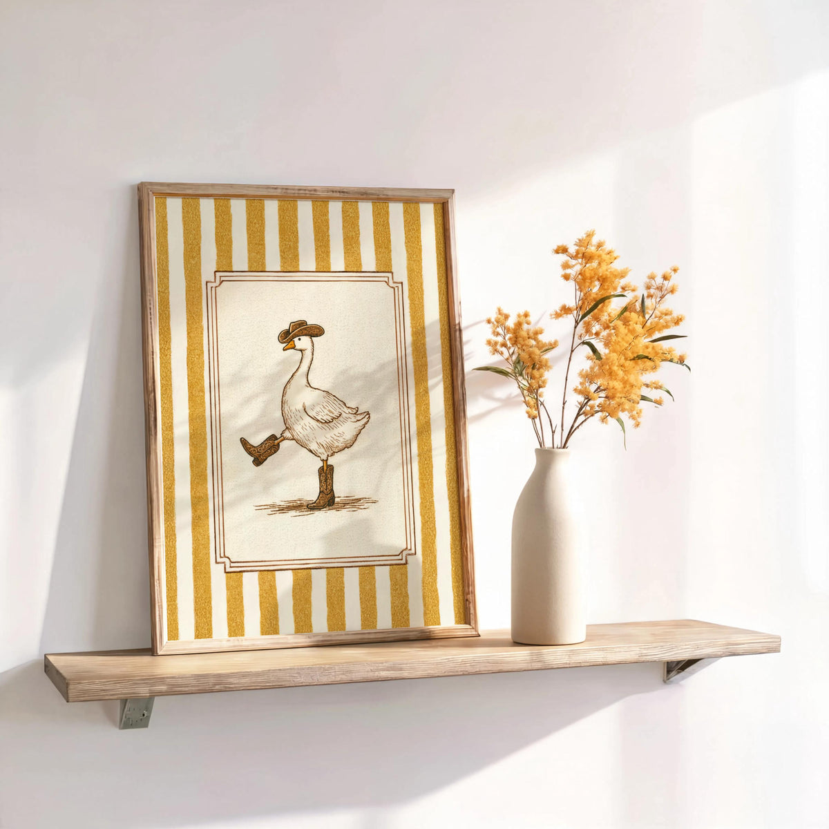 Silly Goose Cowboy Wall Art, Funny Duck Decor, Cute Animal Print, Rustic Western Nursery Poster, Vintage Striped Cottagecore Canvas