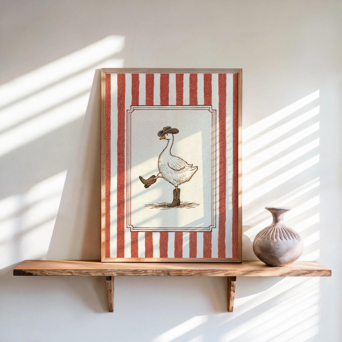Silly Goose Cowboy Wall Art, Funny Duck Decor, Cute Animal Print, Rustic Western Nursery Poster, Vintage Striped Cottagecore Canvas