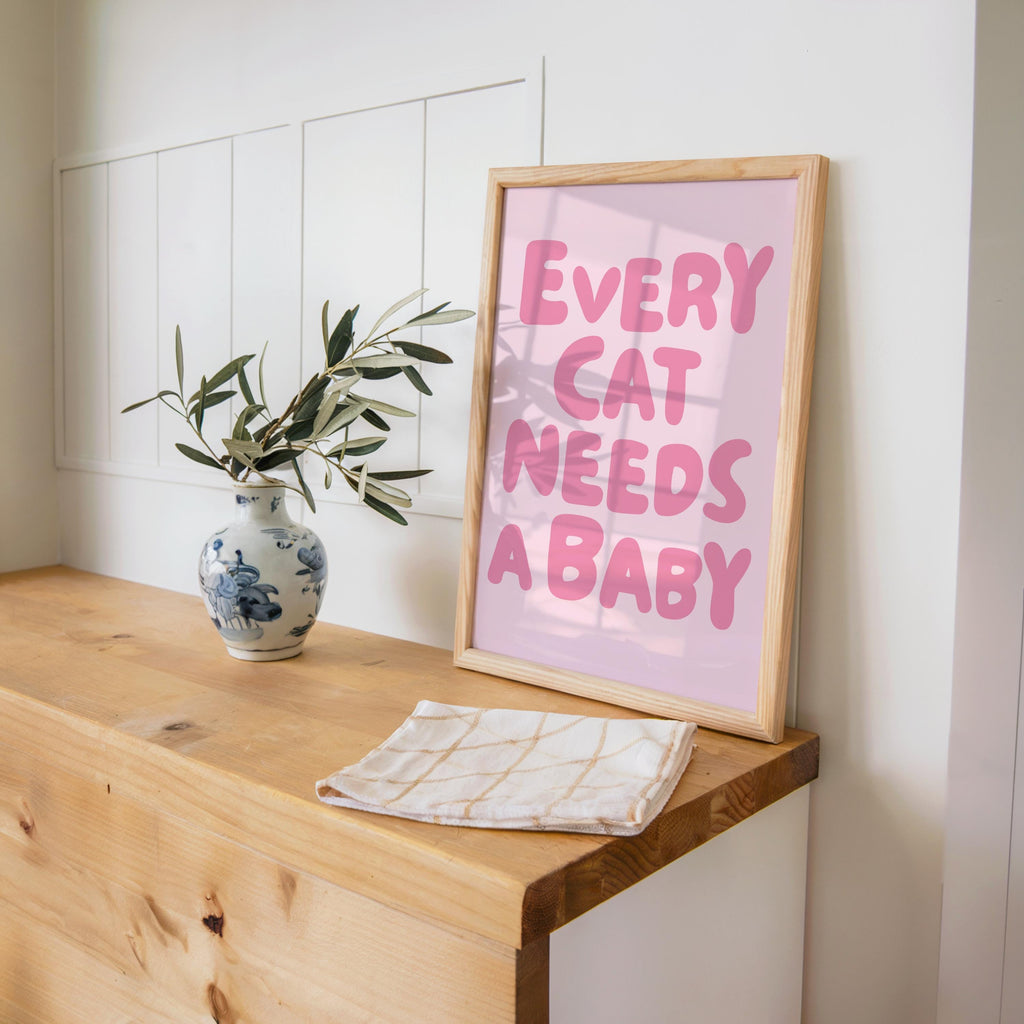 Every Cat Needs a Baby Print, Funny Cat Lover Poster, Retro Nursery Wall Art, Cute Playroom Typography Decor, Whimsical Baby Reveal Quote